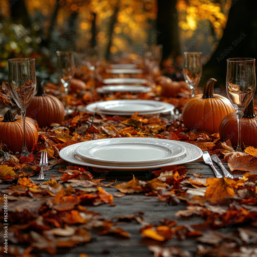 Fototapeta premium Table set for Thanksgiving dinner with pumpkins and leaves.