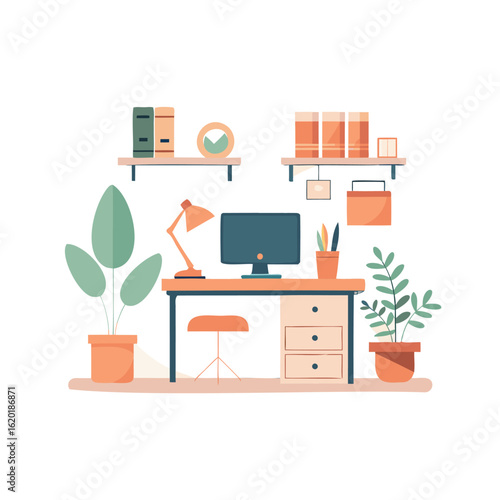 Illustration of a wellorganized workspace with plants and shelves isolated on white background