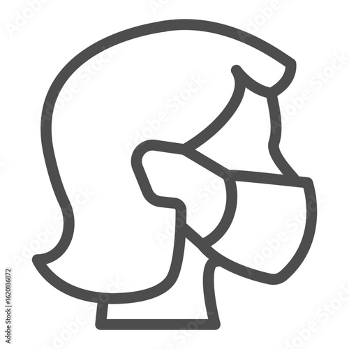 Woman head with antibacterial mask line icon, safety workwear concept. Vector graphics. Girl face with disposable mask sign on white background, outline style icon for mobile or web design.
