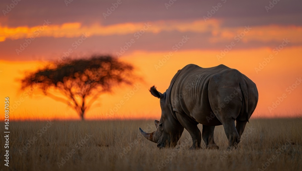 Fototapeta premium Majestic rhino at sunset on african savannah