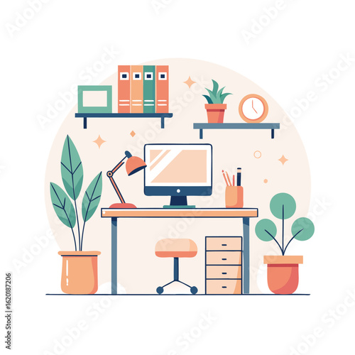Illustration of a cozy workspace setup with desk and shelves isolated on white background