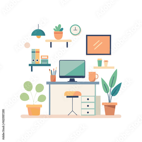 Illustration of a modern workspace with plants and shelves isolated on white background