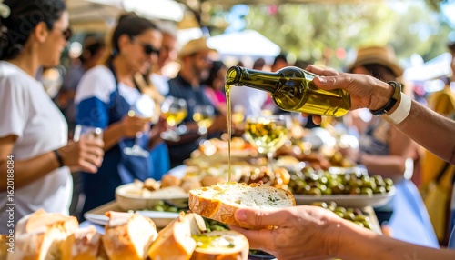Gastronomic delights: A bustling culinary scene with wine, bread, and olive oil experience