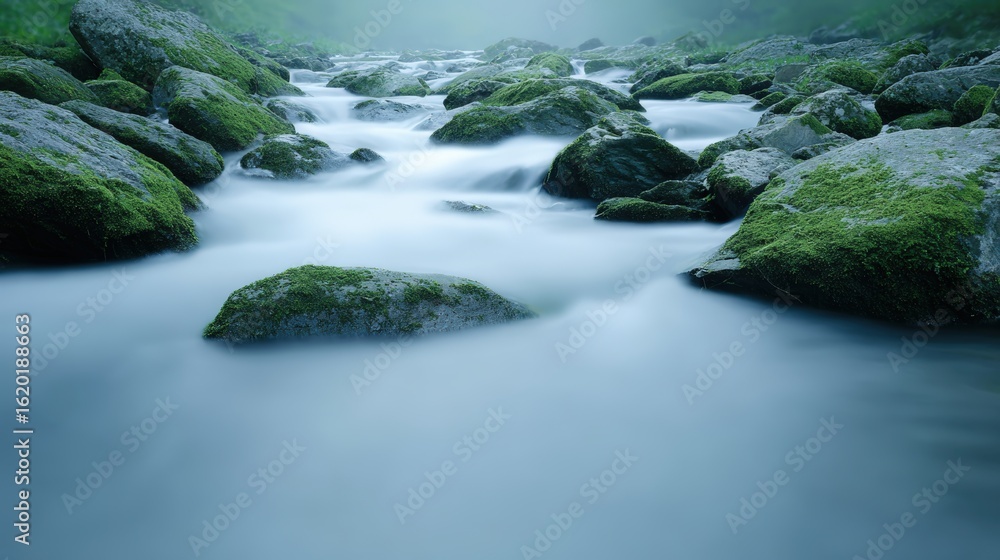 Flowing river water gently cascades over moss-covered rocks, creating a serene and tranquil natural landscape with soft mist in the background Flowing river water gently cascades over moss-covered rocks, creating a serene and tranquil natural landscape with soft mist in the background