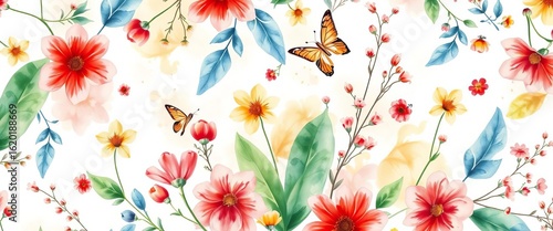 Air, light watercolor floral seamless pattern with abstract plants & flying ornaments on white, repeat, whimsical