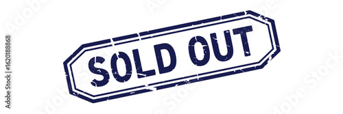 Distressed blue sold out stamp on white background