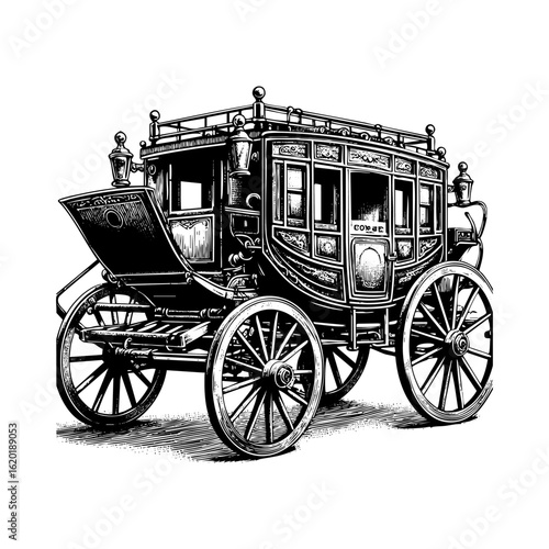 Luxury Royal family wagon sketch engraving black and white outline. Scratch board imitation.  illustrated in vintage line art style on a white background.