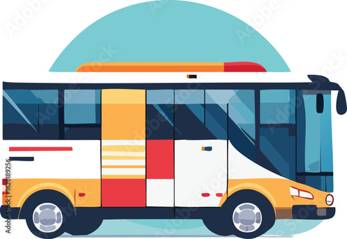 A modern, stylized illustration of a white and yellow public transportation bus with tinted windows and colorful geometric accents, set against a teal circular background.