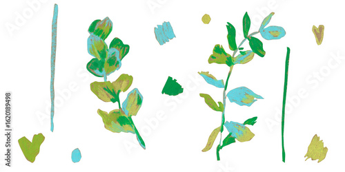 Minimalist botanical illustration created with wax crayons and oil pastels. Abstract green and blue leaves on a white background with hand-painted texture, perfect for modern floral prints,invitations