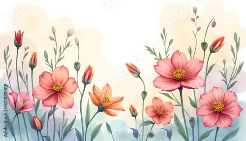 Wallpaper Mural Watercolor Flower Border with Floral Elements and Pastel Backdrop Torontodigital.ca