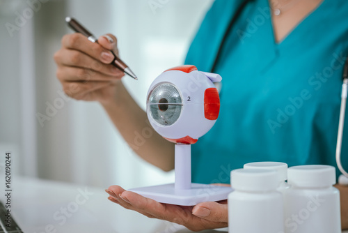 Bild auf Leinwand A physician performing an eye examination using an anatomical eye model and providing professional consultation and treatment in a medical setting to ensure proper diagnosis and vision care