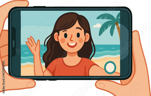 Video call between friends, family, colleagues. Conference from vacation, online conversation, home working, business call, live chat, social media, communication on distance. Vector illustration