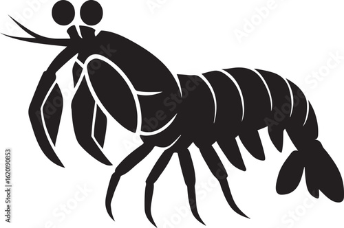 Black silhouette of a shrimp or prawn with segmented body and claws crustacean seafood 1