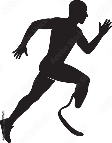 Black silhouette of a male runner with a prosthetic leg in motion running athlete 1