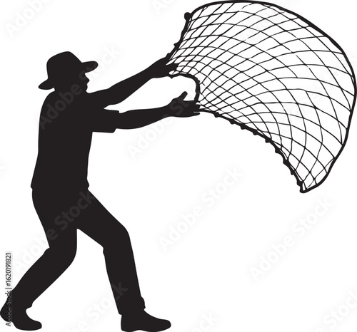 Silhouette of a person in a hat casting a fishing net against a white background vector