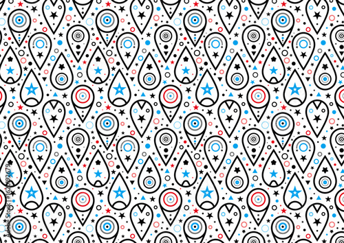 Stylized teardrop seamless vector pattern arranged in a rhythmic grid, stars, circles, and dotted motifs, symbols for added visual depth and use febric pattern