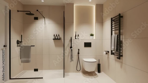 Wallpaper Mural Modern Minimalist Bathroom with Glass Shower Enclosure in Beige and Black Torontodigital.ca