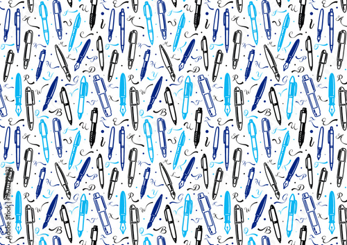 Compact seamless vector layout of hues pens and fountain pens, scattered with flowing cursive letters fusing writing tools and expressive ink strokes
