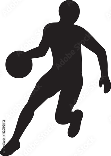 Black silhouette of a basketball player dribbling on white background vector