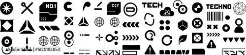 Black and white futuristic cyberpunk HUD icons set. Abstract tech UI elements, sci-fi symbols, arrows, warning signs, data blocks. Perfect for interface or game design.