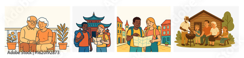 Set of colorful vector illustrations showing family moments, multiracial tourists exploring cities, and elderly couple relaxing. Perfect for travel, retirement, and family themes.