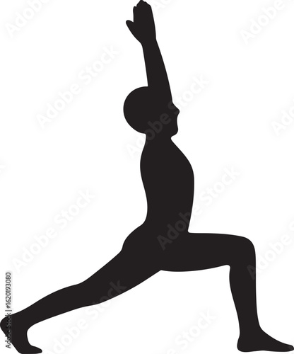 Black silhouette of a person in a yoga warrior one pose on white background exercise