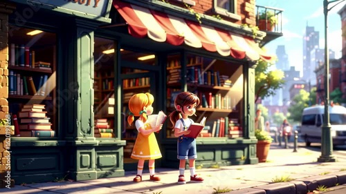 Wallpaper Mural Two children reading books outside a bookstore on a sunny day Torontodigital.ca