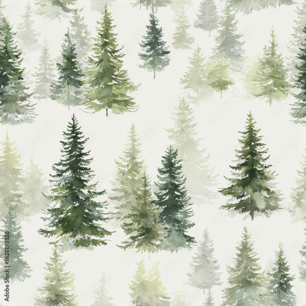 Fototapeta premium Serene pattern of watercolor evergreen trees in various shades of green, creating tranquil forest atmosphere. soft hues evoke sense of calm and nature beauty