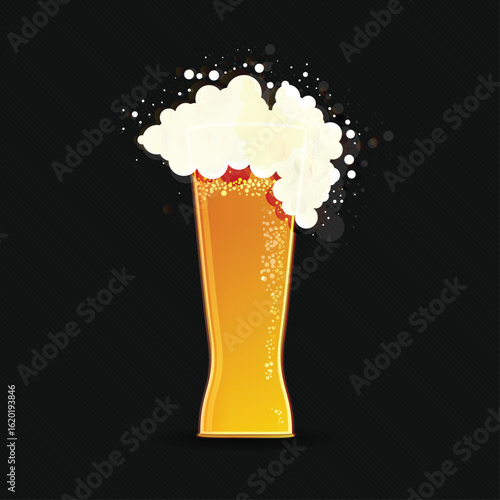 Vector illustration of a frothy beer mug on a dark background. Realistic golden beer with bubbles and foam, perfect for bar menus, Oktoberfest designs, and brewery promotions.