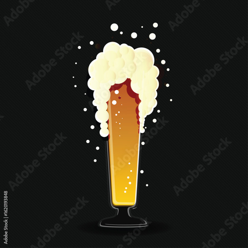 Vector illustration of a frothy beer mug on a dark background. Realistic golden beer with bubbles and foam, perfect for bar menus, Oktoberfest designs, and brewery promotions.