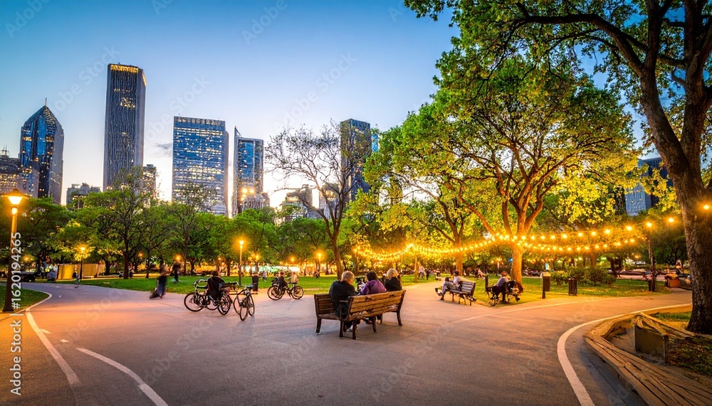 Obraz premium Modern city park at sunset with people relaxing, coffee in hand, under trees and string lights.