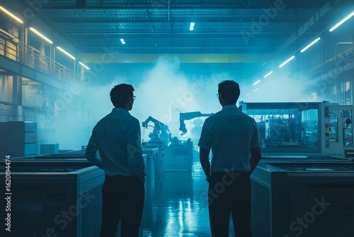 Two project managers standing in a modern industrial factory, overseeing the operations in a manufacturing facility equipped with robotics, robotic arms, and automation technology, Generative AI