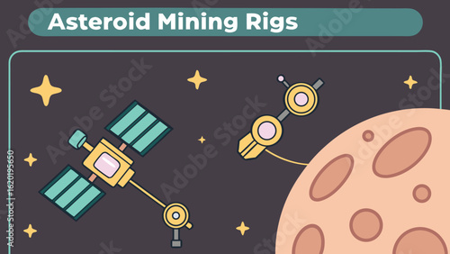 Illustration of asteroid mining rigs with satellite, mining tool, stars and asteroid on a dark background