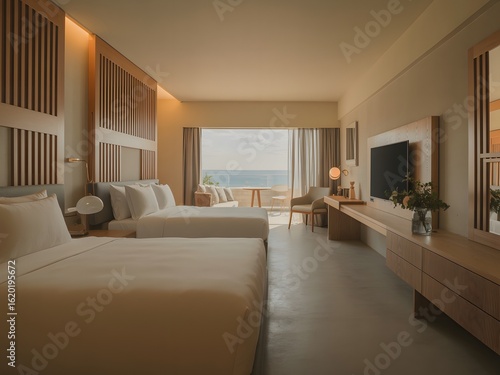 Minimalist Luxury Hotel Room with City Views and Modern Design