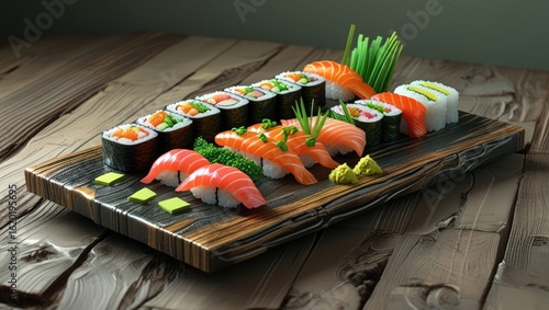 Delectable Sushi Platter: A visual feast of artfully arranged sushi rolls, nigiri, and accompaniments, presented on a wooden platter.