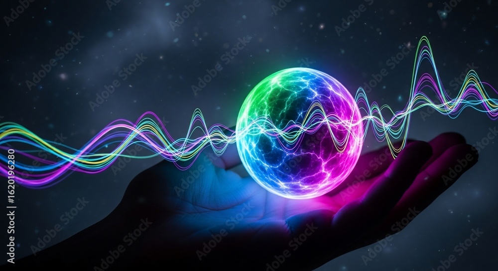 Obraz premium Hand holding glowing energy sphere with colorful sound waves in dark space