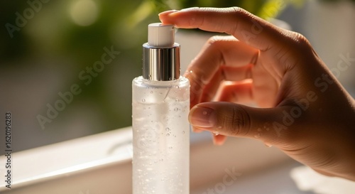 Wallpaper Mural Hand holding a clear spray bottle with water droplets and bokeh background Torontodigital.ca