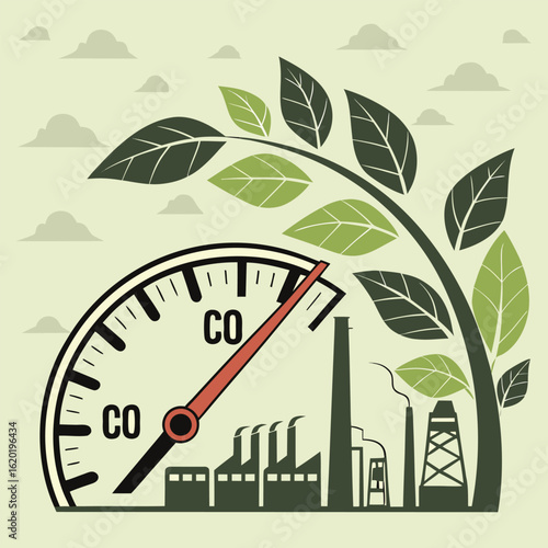 Carbon monoxide gauge with high reading next to industrial buildings and a leafy plant growing nearby