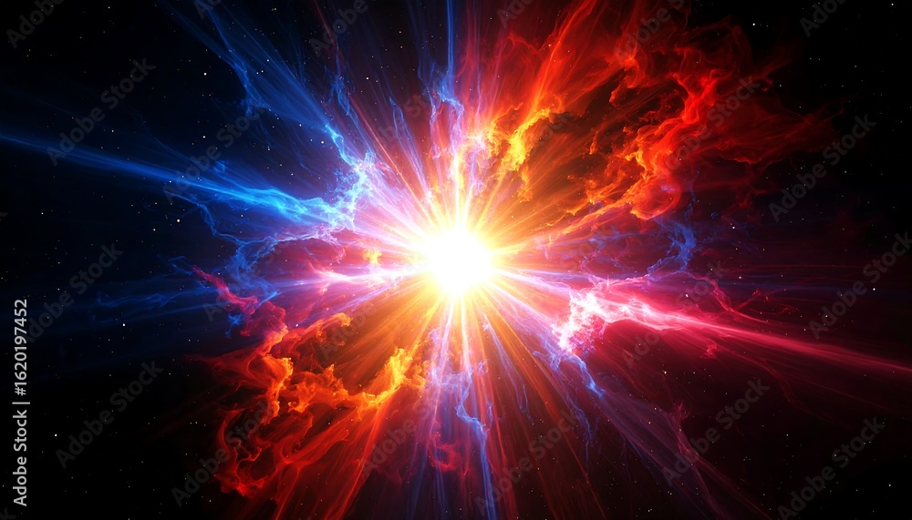 Obraz premium Cosmic Burst: Fiery Red and Cool Blue Nebulae Emanating from a Central Star