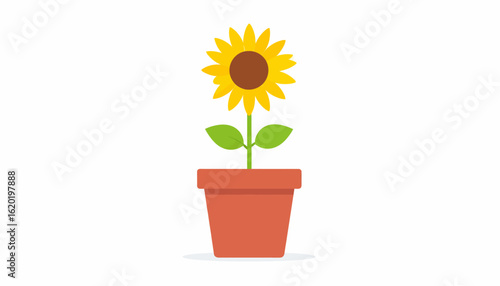 A cheerful cartoon illustration of a vibrant yellow sunflower in a terracotta pot