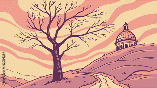 Vintage Illustration of Bare Tree and Hilltop Dome Building at Sunset, Retro Art Style Landscape Drawing
