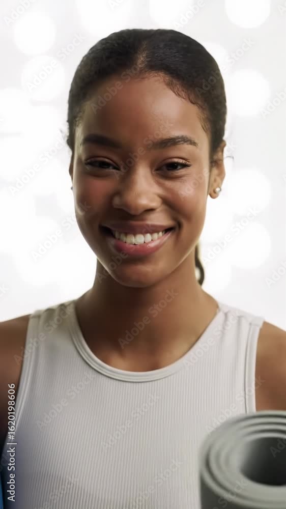 Young, athletic dark-skinned woman with a ponytail, serene and joyful in light activewear, holding a yoga mat and water bottle in a pristine white studio with soft bokeh, exuding post-workout inner Young, athletic dark-skinned woman with a ponytail, serene and joyful in light activewear, holding a yoga mat and water bottle in a pristine white studio with soft bokeh, exuding post-workout inner