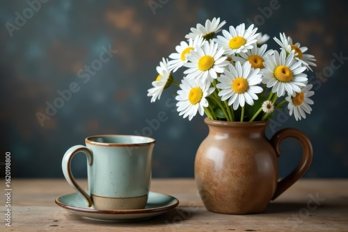 Wallpaper Mural Distressed ceramic mug with chamomile bouquet in rustic wooden vase , natural, flowers, earthy Torontodigital.ca