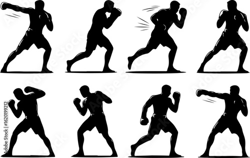 black silhouette vector illustrations depicting a skilled boxer engaged in dynamic shadow boxing routines