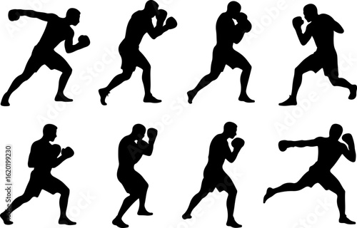 black silhouette vector illustrations depicting a skilled boxer engaged in dynamic shadow boxing routines