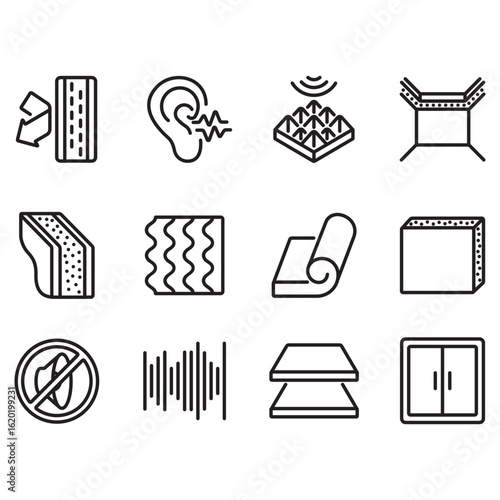 A collection of soundproofing icons. Thin line style vectors. Contains icons such as soundproofing foam, doors, speakers, and more.