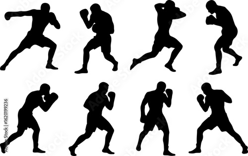 black silhouette vector illustrations depicting a skilled boxer engaged in dynamic shadow boxing routines