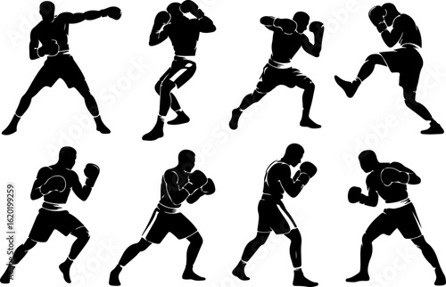 black silhouette vector illustrations depicting a skilled boxer engaged in dynamic shadow boxing routines