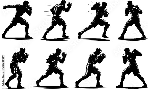 black silhouette vector illustrations depicting a skilled boxer engaged in dynamic shadow boxing routines