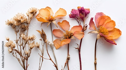 Dried desert flower petals brittle stems arranged on white background suitable for arid region flora illustrations botanical research and nature contrast visuals